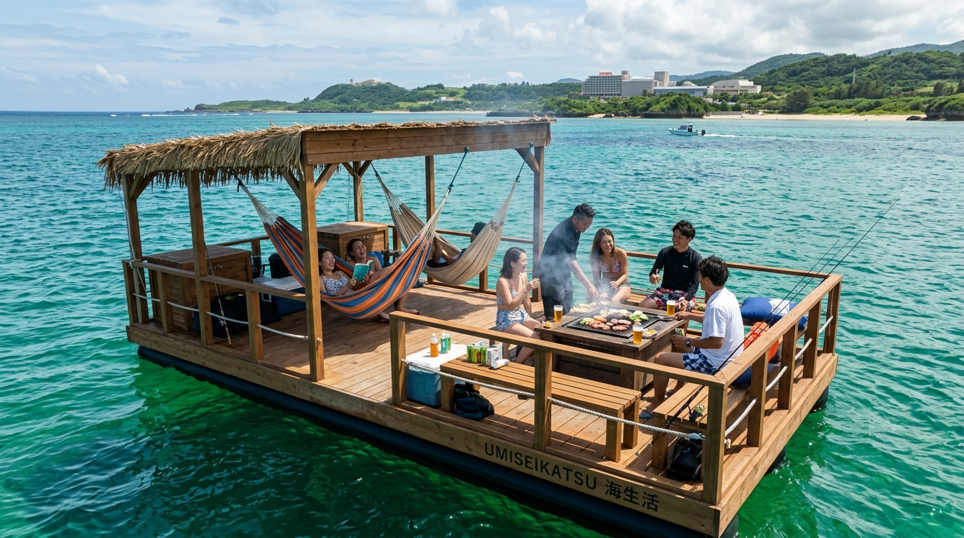 【沖縄県】本部釣りイカダ 海生活｜美ら海水族館すぐ！釣りにBBQに遊び尽くす「海上の楽園」