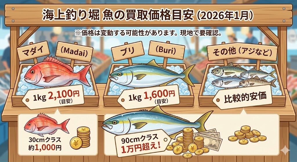 須佐湾フィッシングパークの魚価格。マダイ1kg2100円、ブリ1kg1600円。1匹あたりにかかる金額なので釣りすぎ注意！
