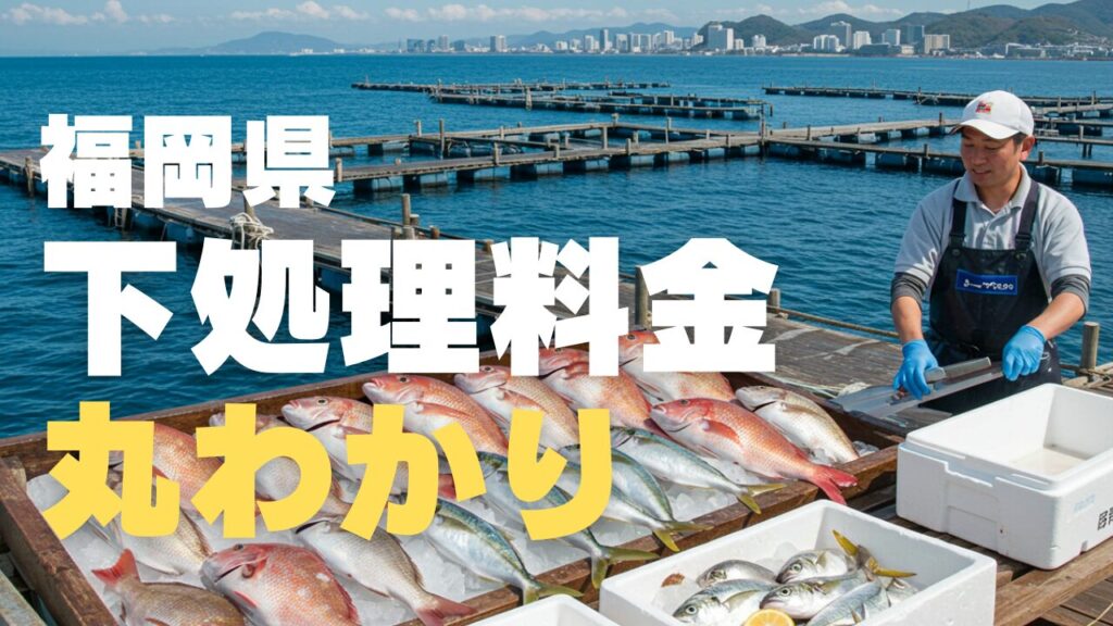 海上の釣り桟橋で作業服を着たスタッフが釣れた魚を処理している写真。手前にはクーラーボックスに氷と魚が入っており、背景には青い海と福岡の街並みが見える。