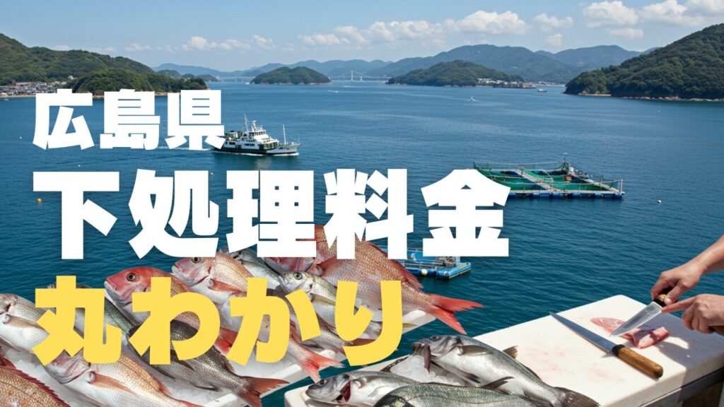 広島県瀬戸内海の美しい多島美を背景に、海上釣り堀での魚下処理サービスを表現した画像。穏やかな青い海に浮かぶ複数の小島と、離島へ向かう伝統的な日本のフェリーボート。透明度の高い海上に設置されたプロ仕様の釣り堀イカダで、マダイ、ブリ、シーバスなどの新鮮な魚が氷の上に美しく並べられている。伝統的な日本の包丁を使って熟練した手による丁寧な魚の下処理作業が行われ、遠景にはしまなみ海道の橋が見える。緑豊かな島々の風景と伝統的な漁村の雰囲気が、瀬戸内海ならではの上質な離島釣り体験と美しい自然環境の調和を表現した、広島県海上釣り堀ガイド用の画像。