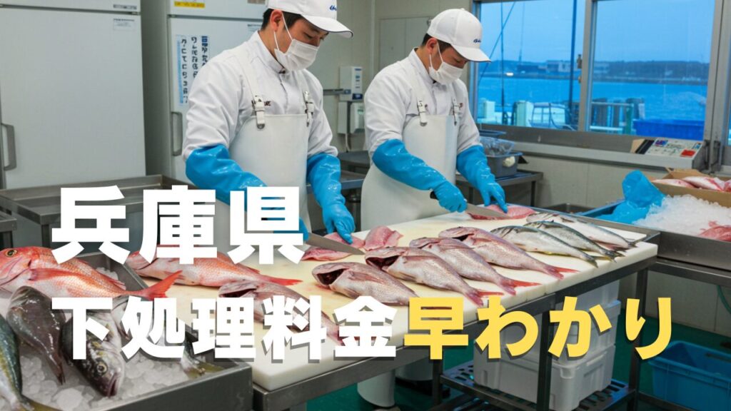 兵庫県の海上釣り堀における魚の下処理サービス - 白いエプロンを着た専門スタッフが清潔なステンレス製作業台でマダイとブリを丁寧に捌いている様子。背景には冷蔵設備を備えた衛生的な処理施設があり、氷の上にマダイ、ブリ、カンパチなどの新鮮な釣果が並んでいる。明るい照明で食品安全と品質管理を強調し、窓から見える釣り台と穏やかな青い海が海上釣り堀の環境を表現している専門的な魚処理サービスの画像再試行。