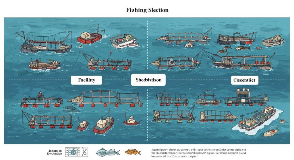 海上釣り堀や漁船など複数の海釣り施設を比較するイラスト。浮き魚礁や養殖いけす、漁船、施設選びのチェック項目を可視化した図解。