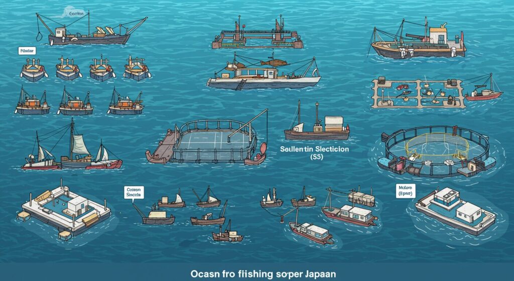 日本の海上釣り施設や漁船、浮き魚礁、養殖いけすを比較したイラスト。円形いけす、四角い筏型施設、各種漁船が描かれ、海釣りスポットの種類と特徴を視覚化している。