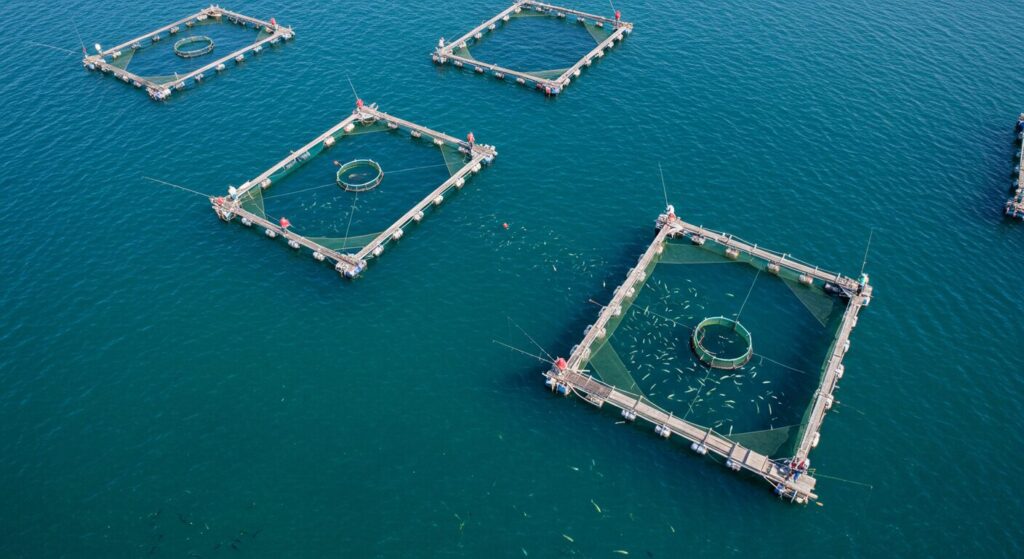 海上に浮かぶ複数の四角い生け簀。中では養殖魚が泳ぎ、周囲のデッキでは釣り人が竿を垂れている。透き通った青い海に整然と並ぶ釣り堀施設の上空からの眺め。