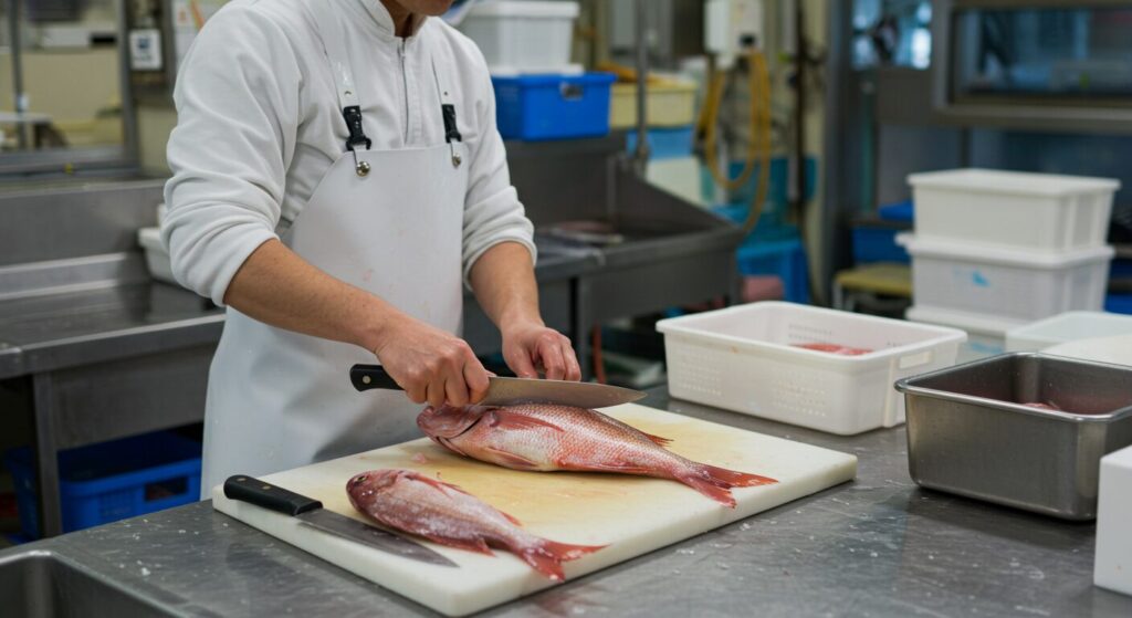 海上釣り堀での魚の捌きサービスの様子 - プロのスタッフがマダイを3枚おろしにしている作業風景