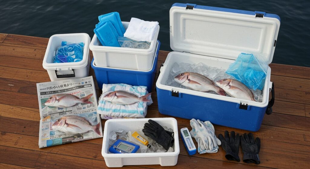 海上釣り堀での魚持ち帰りに必要な道具一式 - クーラーボックス、氷、ビニール袋、新聞紙などが整理されている様子