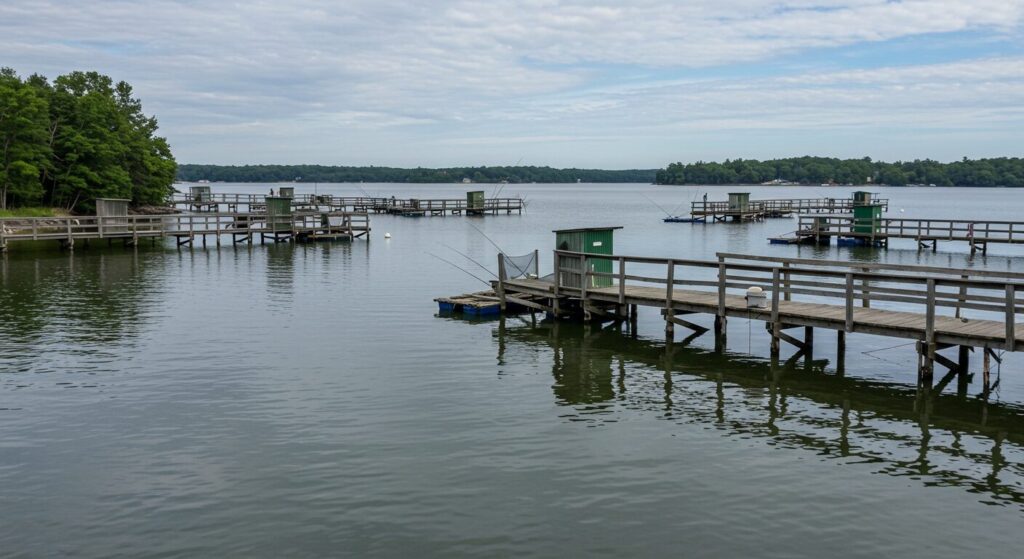 穏やかな湾内にある海上釣り堀の風景。木製の桟橋と浮かぶイケス、トイレや休憩所などの基本設備が見える様子。