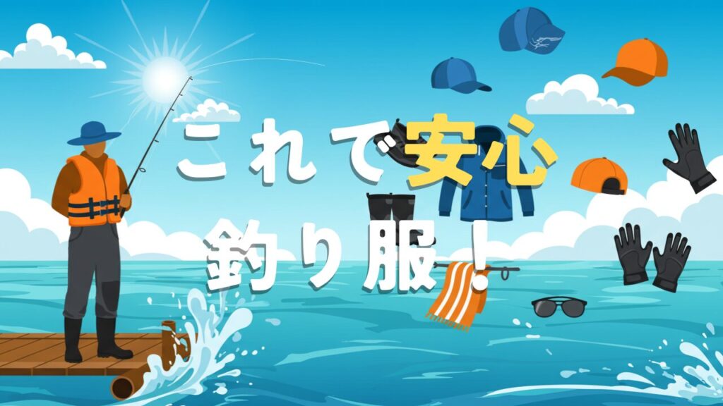 海上釣り堀でライフジャケットを着た釣り人と、釣りに必要な帽子や手袋、長靴、上着などの装備品が並んでいるイラスト