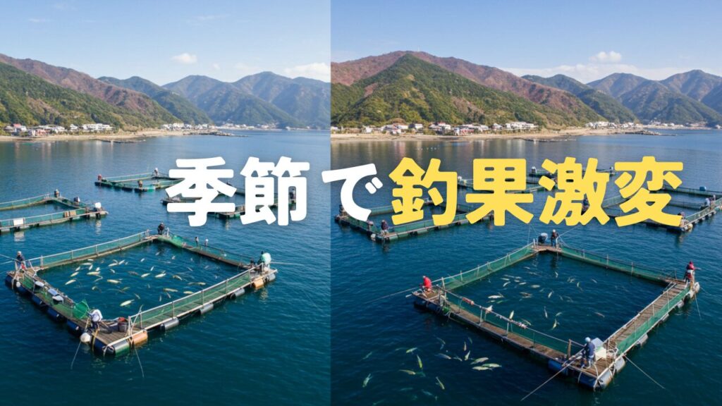 海上釣り堀の全景。四角い生け簀の中を泳ぐ養殖魚と、釣りを楽しむ人々の様子。背景には山々と沿岸の町並みが広がり、季節による景観の違いが見える。