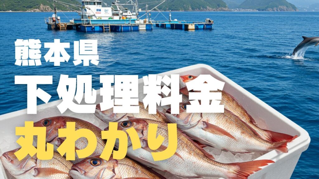 熊本県天草諸島の美しい青い海を背景に、海上釣り堀で釣り上げられた新鮮な魚（マダイ、ブリ、シーバス）がクーラーボックスの氷の上に並べられている様子。釣り人が海上釣り堀施設で魚の下処理をしている姿と、背景には伝統的な日本の釣り船や海上釣り堀のイカダが見える。遠くにはイルカが跳ねる姿も描かれ、天草の特別な体験を表現。画面上部に「熊本県海上釣り堀」、下部に「魚下処理サービス比較」の日本語テキストが重ねられた、明るく魅力的な釣りガイド用サムネイル画像。再試行