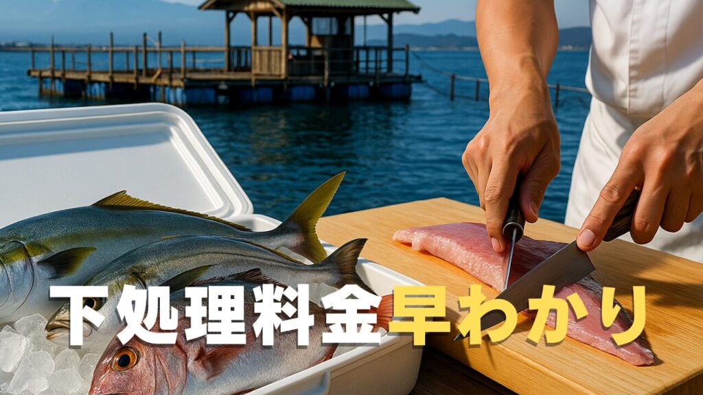 海上釣り堀の桟橋と富士山を背景に、白いクーラーボックスの氷上に並ぶマダイ・ブリ・シマアジと、和包丁で魚を丁寧に三枚おろしにする料理人の手元を映した写真。海上釣り堀の桟橋と富士山を背景に、白いクーラーボックスの氷上に並ぶマダイ・ブリ・シマアジと、和包丁で魚を丁寧に三枚おろしにする料理人の手元を映した写真。