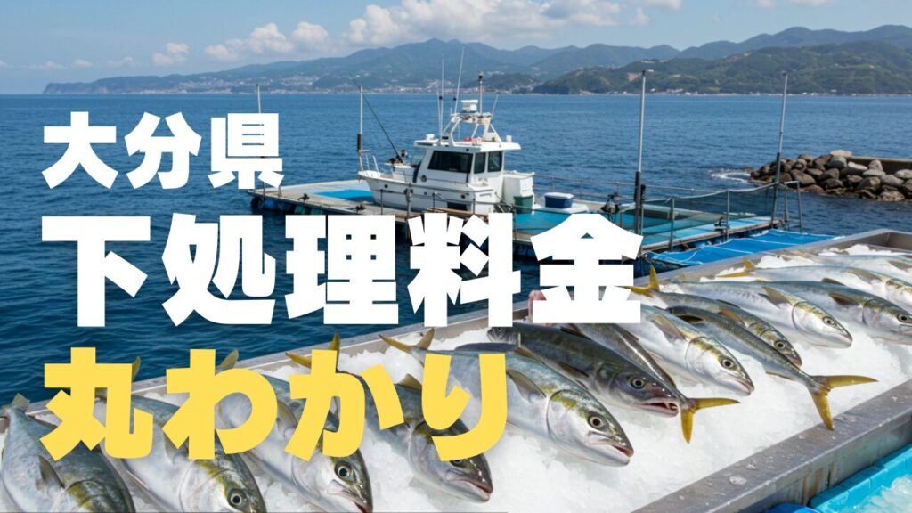 大分県佐伯市の美しい海岸線を背景に、高級海上釣り堀施設の様子を描いた画像。透明度の高い青い海に浮かぶプロ仕様の海上釣り堀プラットフォームで、カンパチ、ブリ、ヒラマサなどの大型青物が氷の上に美しく並べられている。熟練した手によって専用の魚処理道具を使い丁寧に魚の下処理が行われている様子。背景には九州の山々と原生林が見える豊後水道の絶景が広がり、高級感溢れる釣り施設の設備と清潔な環境が、日本最高クラスの海上釣り堀体験を表現した、プレミアムで上質な釣りガイド用の画像。