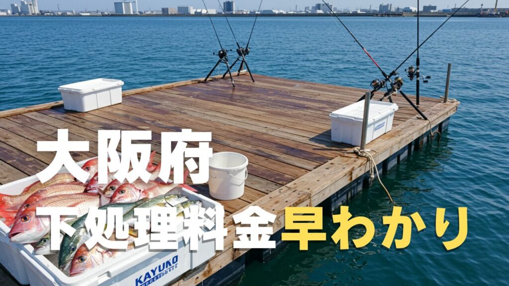 大阪府の海上釣り堀でマダイやブリなどの新鮮な魚が釣り上げられ、クーラーボックスに氷と一緒に保存されている様子。背景には大阪湾の穏やかな海面と海上釣り堀の木製いかだが見える。