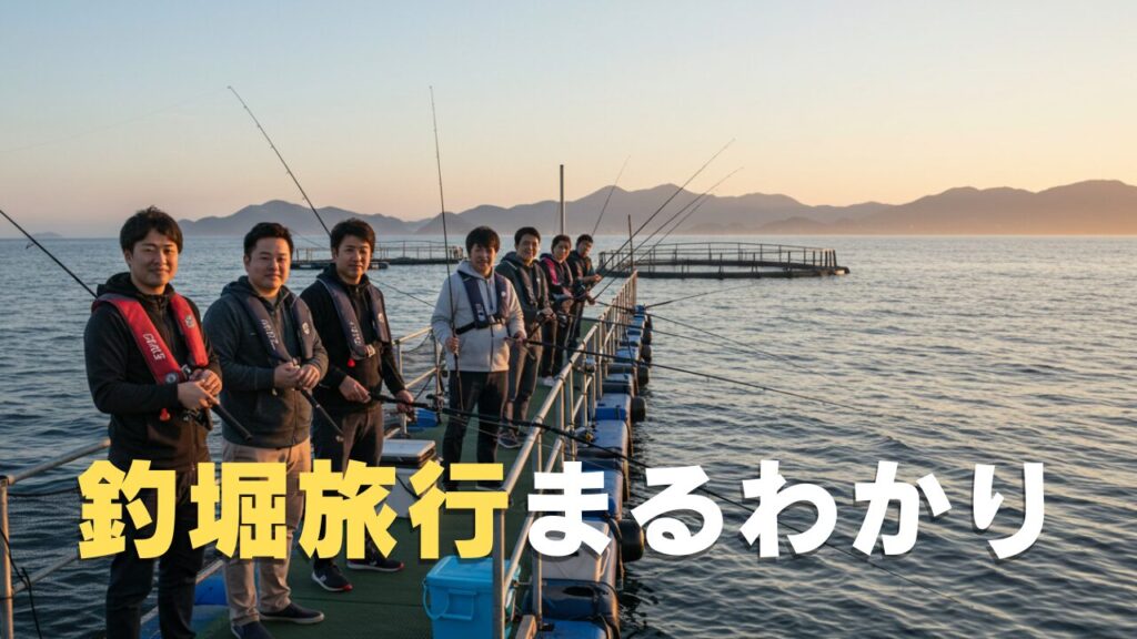 社員旅行で海上釣り堀を楽しむグループの男性たちが桟橋に並んで釣竿を構えている写真。夕暮れの海と山並みを背景に。