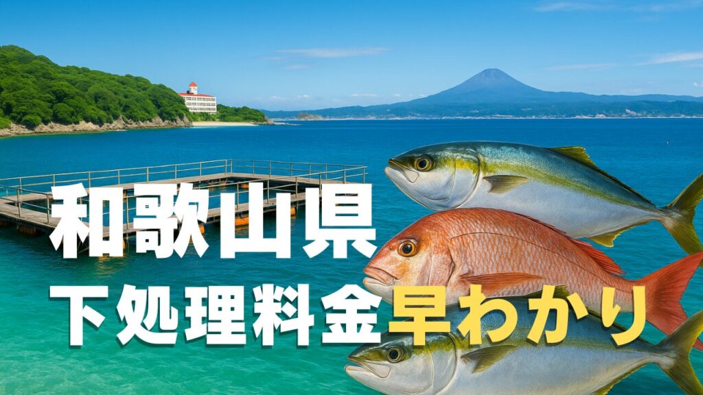 和歌山県の海上釣り堀をイメージした風景で、透明度の高い青い海に浮かぶ木製いかだ型の釣り施設と、赤い屋根の建物がある緑豊かな海岸線を背景に、マダイ・ブリ・シマアジの新鮮な魚が大きく配置された写真。