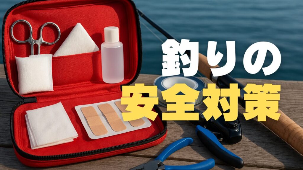 桟橋に置かれた赤い救急キットとロッド・プライヤー。釣行時の応急処置と安全対策を想起させるサムネイル。