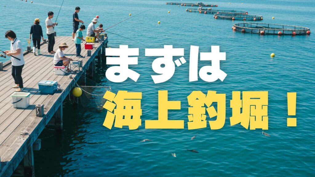 海上釣り堀で釣りをしている人たちが’いる様子。画像内のテキストには「まずは海上釣堀!」と書かれている。