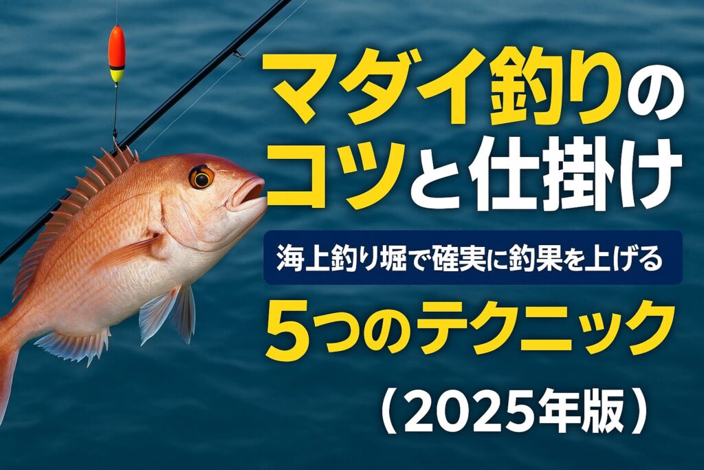 海上釣り堀でマダイを釣り上げた瞬間を描いたサムネイル画像。青い海面を背景に、ウキ付きの釣り竿と赤く輝くマダイが映え、右側には黄色と白の文字で「マダイ釣りのコツと仕掛け|海上釣り堀で確実に釣果を上げる5つのテクニック(2025年版)」と書かれている。