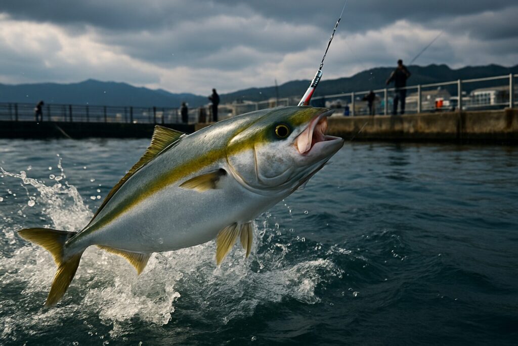 海上釣り堀で釣り上げられたブリが水面から勢いよく跳ね上がる瞬間。釣り針が口にかかり、背後には堤防で釣りを楽しむ人々と山並みが見える迫力のシーン。