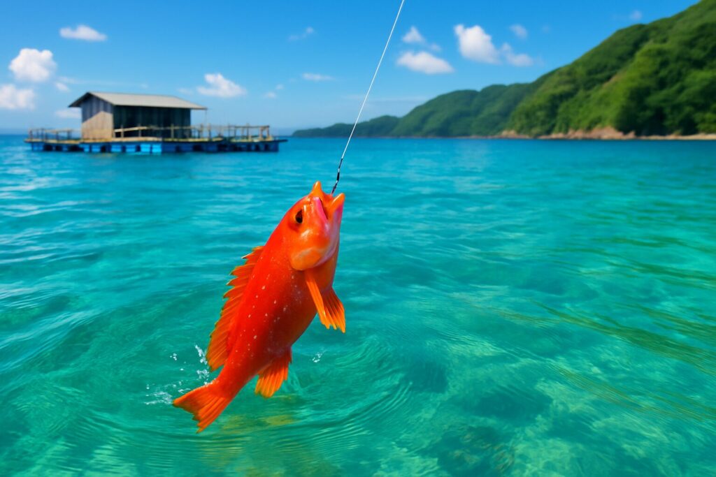 透き通るエメラルドグリーンの海で、鮮やかなオレンジ色の魚が釣り上げられる瞬間。背景には南国の緑豊かな島と、海上に浮かぶ木造の釣り小屋が見える。