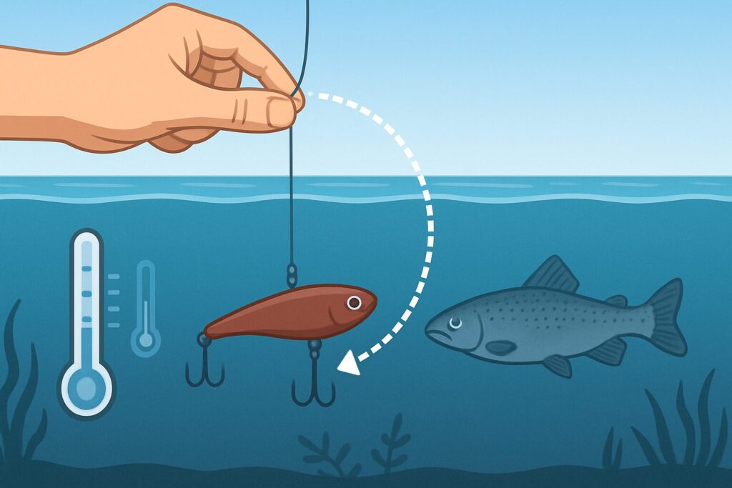 水中で魚の前にルアーを沈める様子を示したイラスト。手が釣り糸を持ち、矢印でルアーの動きが示されている。背景には温度計のアイコンがあり、水温と魚の行動の関係を表現している。