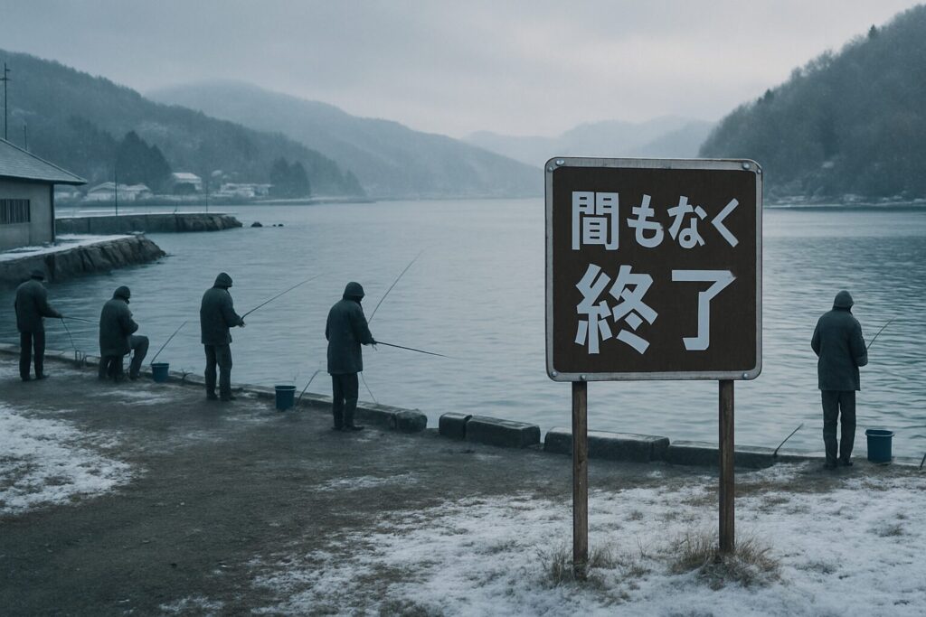 冬の湖畔で釣りをする人々の前に「間もなく終了」と書かれた看板が立つ光景。雪がうっすら積もり、灰色の空と静かな水面が冷たい季節の終わりを感じさせる。