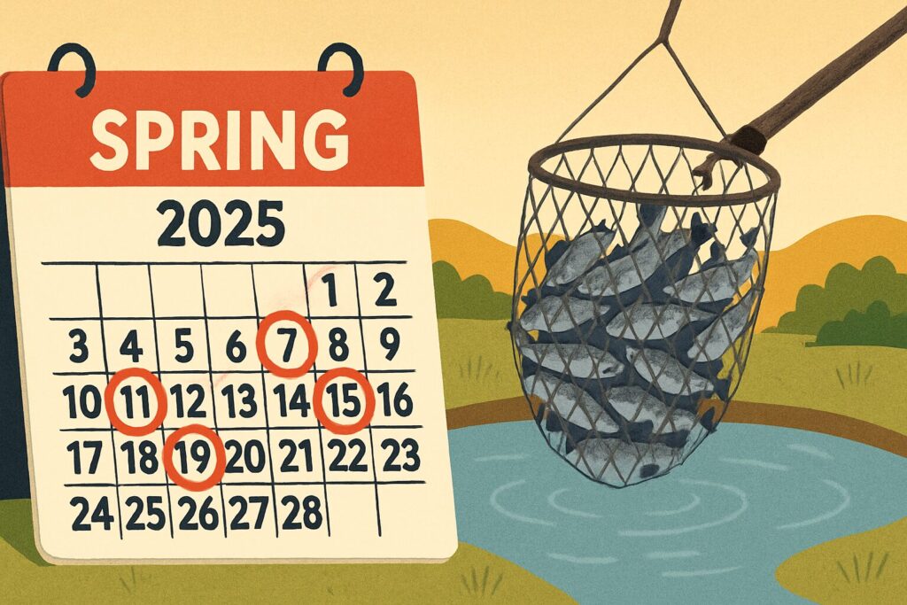 2025年のカレンダーがあり、イベント日と思われる日付けに丸がつけられている。その日は大漁に釣れることを示唆するように網いっぱいに入った魚がある。