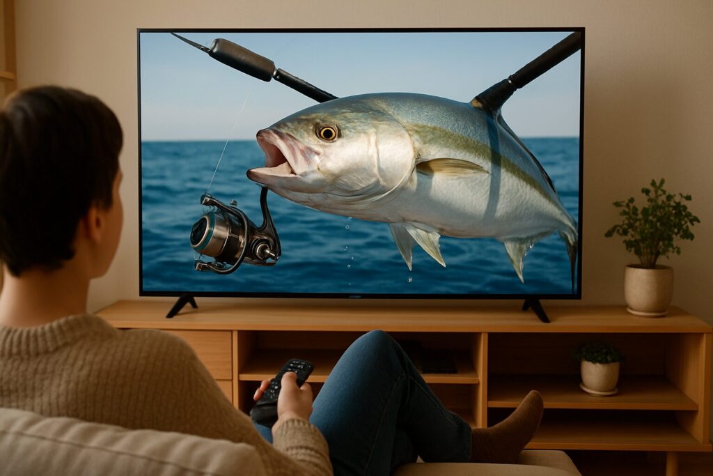 自宅のTVでYouTubeを見ている様子。画面にはブリの映像が映し出されている。