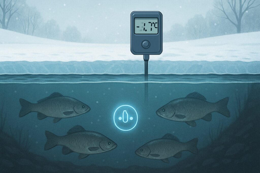 海中に魚たちがいて水温計は-1.7度をさしている。低水温で魚の動きはどう変わるのかを理論で解説する記事。