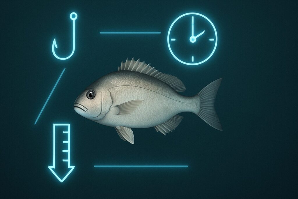 鯛を釣るために攻略要素を説明。冬でも食いがいいエサ、水温と棚設定。そして時間帯が重要だと説明している。