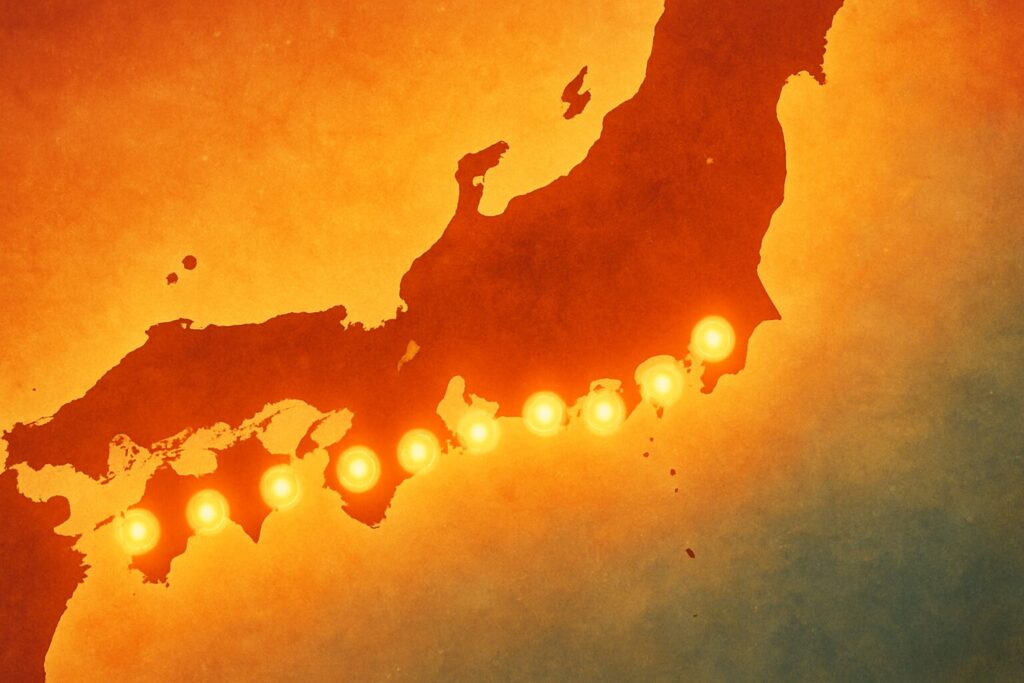 冬でも釣れる海上釣り堀の施設は太平洋側に多い。中でも関東より南側に集中していることを、地図上にポイントであらわしている。