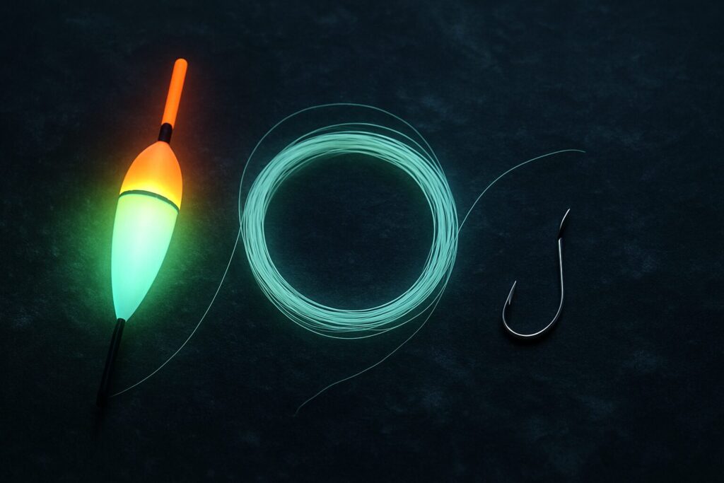 釣りで使うウキと仕掛けで使う糸と釣り針が並んでいる。