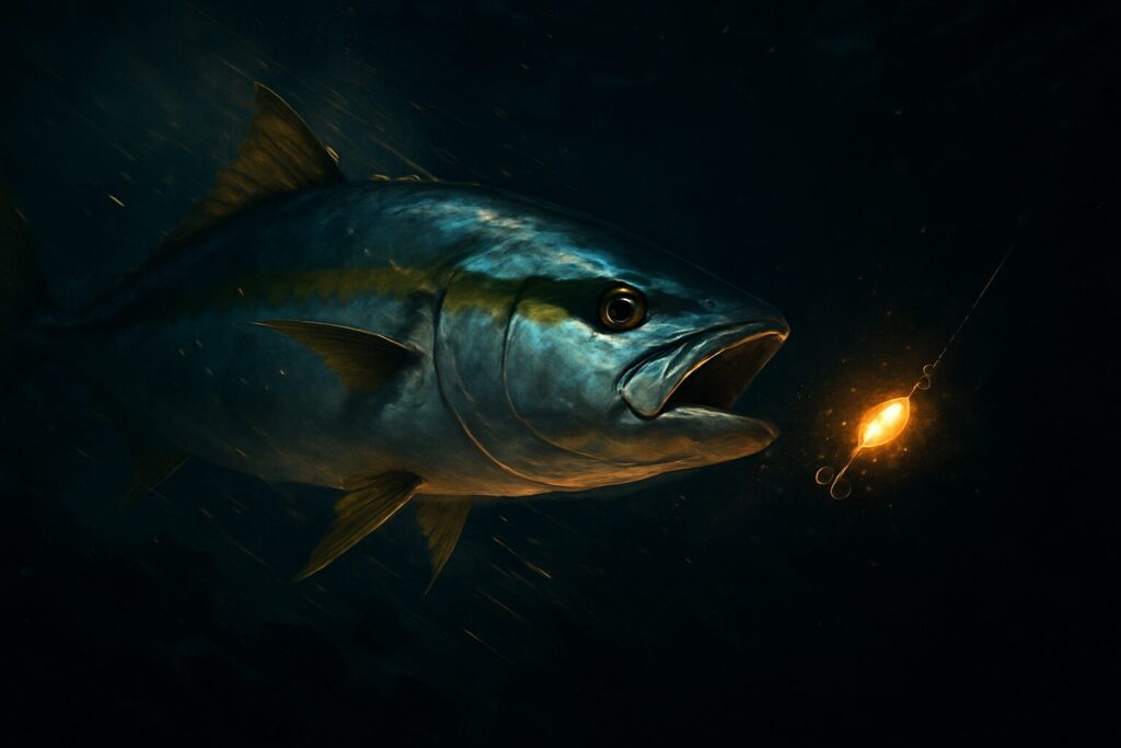 イエローテイル（ブリ）が闇夜でエサを追い求める様子がかかれている。