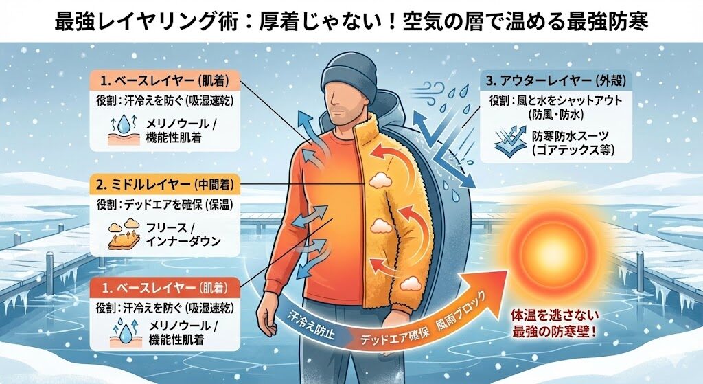厳寒期でも快適に過ごすための防寒着の着こなしを説明。１．ベースレイヤーを肌着の上に、ミドルレイヤーで保温を重視、アウターに風と水をシャットアウトする防寒防水スーツ（ゴアテックス）を着るのがおすすめ。