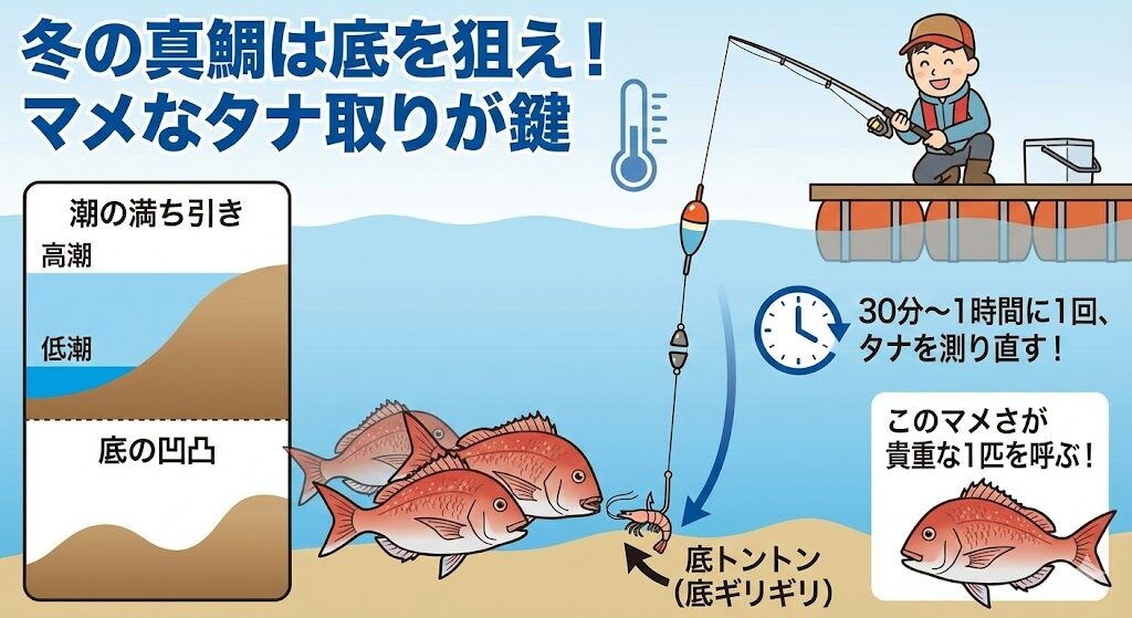 冬にマダイを狙うさいは、タナ取りが重要なことを説明している。底付近にいる魚を釣るために、底にエサをトントンと叩くくらいのタナ設定が重要。