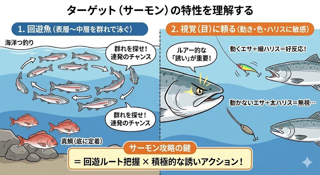 サーモンの特性をイラストで説明している様子。回遊魚であること。資格に頼ってエサを食べること。だからこそ、特性を理解した回遊ルートと誘いアクションが重要になる。