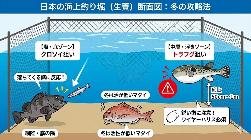 冬の海上釣り堀攻略マップ：クロソイとトラフグの狙い分け図解。
左（クロソイ）：網際やコーナーの底付近に潜む。落ちてくるキビナゴに反応するリアクションバイト狙いが有効。
右（トラフグ）：底から50cm〜1mほど浮いていることが多い。鋭い歯があるため、ワイヤーハリスが必須。
中央（マダイ）：低活性で底に沈黙している様子との対比。