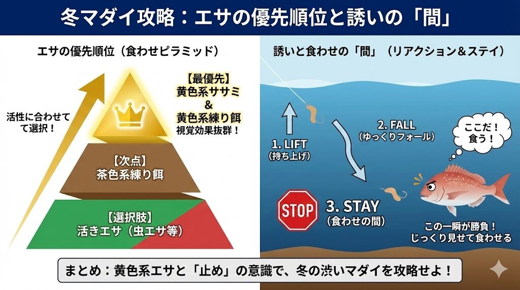 冬のマダイ攻略図解。
左：エサのローテーション戦略。最優先は「黄色系（ササミ・ダンゴ）」、次に「茶色系」、切り札として「虫エサ」を使うピラミッド構造。
右：有効な誘いのメソッド。「誘い上げ」→「スローフォール」→「ステイ（静止）」の3ステップ。特にステイ中にマダイが興味を示す様子を図解。