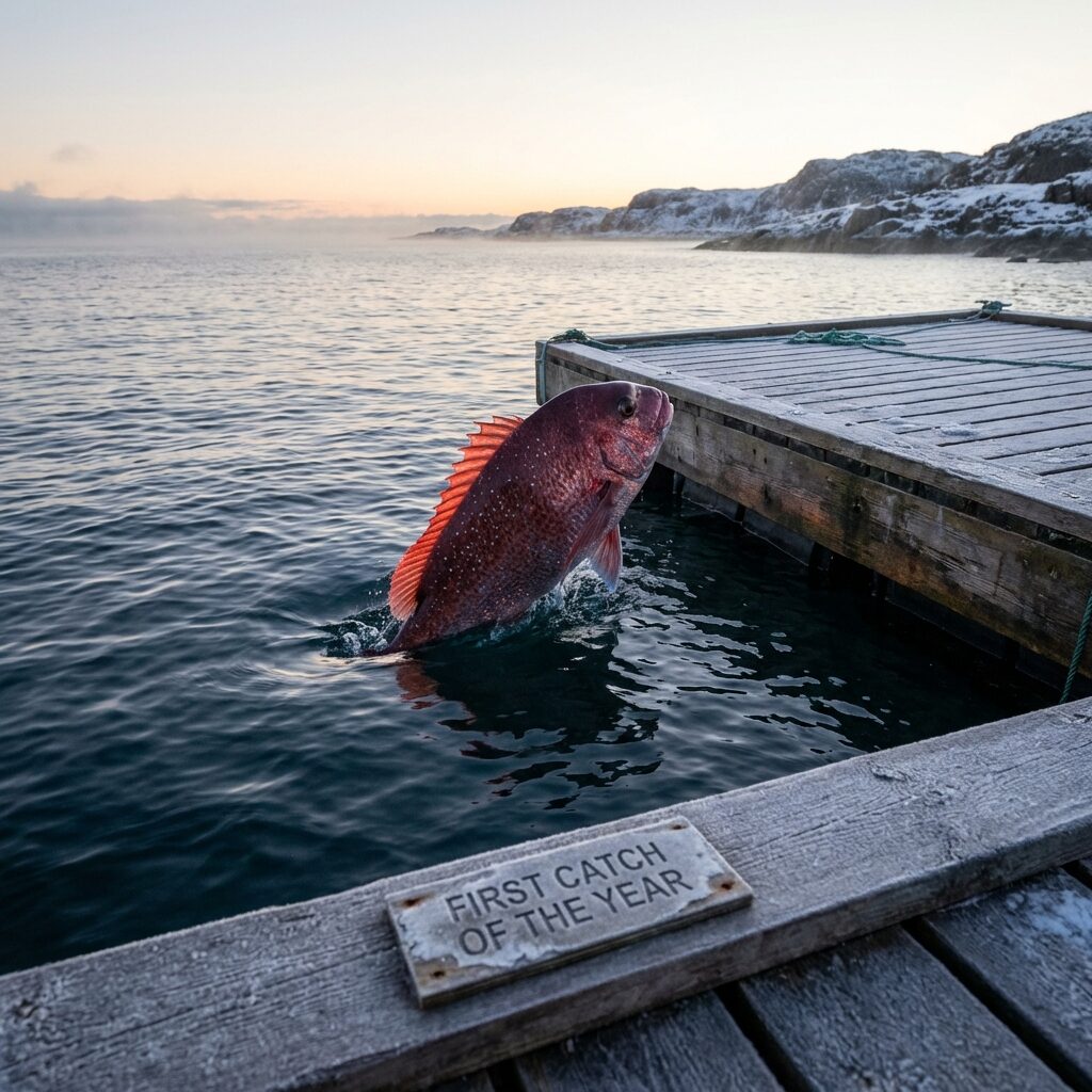 極寒の海、海上釣り堀といえばマダイ。マダイといえば紅白の縁起物。つまり、年始を最高のスタートではじめることができた釣り人の写真といえる。