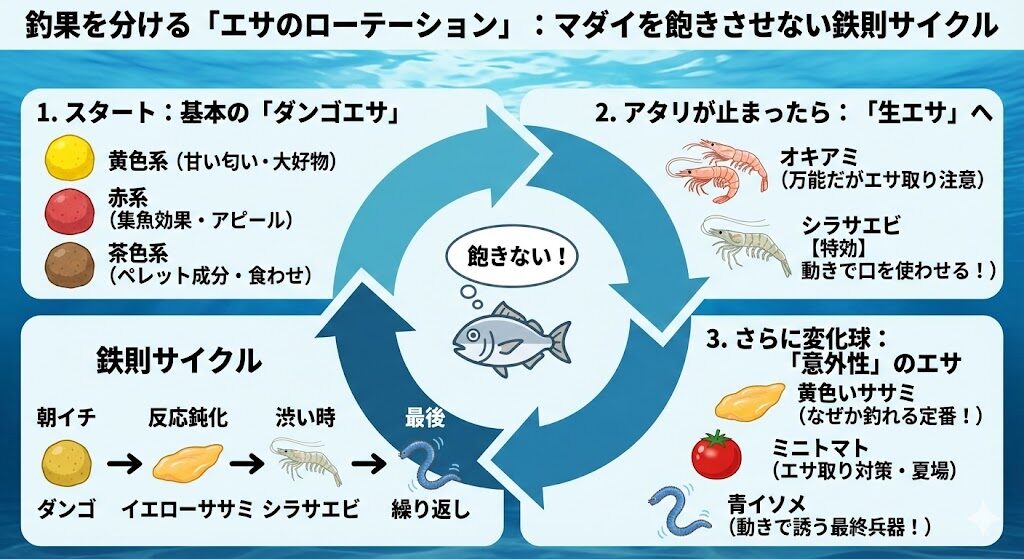 マダイの実釣テクニック、エサのローテーションについて。スタートは基本のダンゴ。アタリが止まったかなと感じたら生エサへ。変化球として黄色いささみやミニトマトなどを紹介している。魚に飽きさせない工夫。