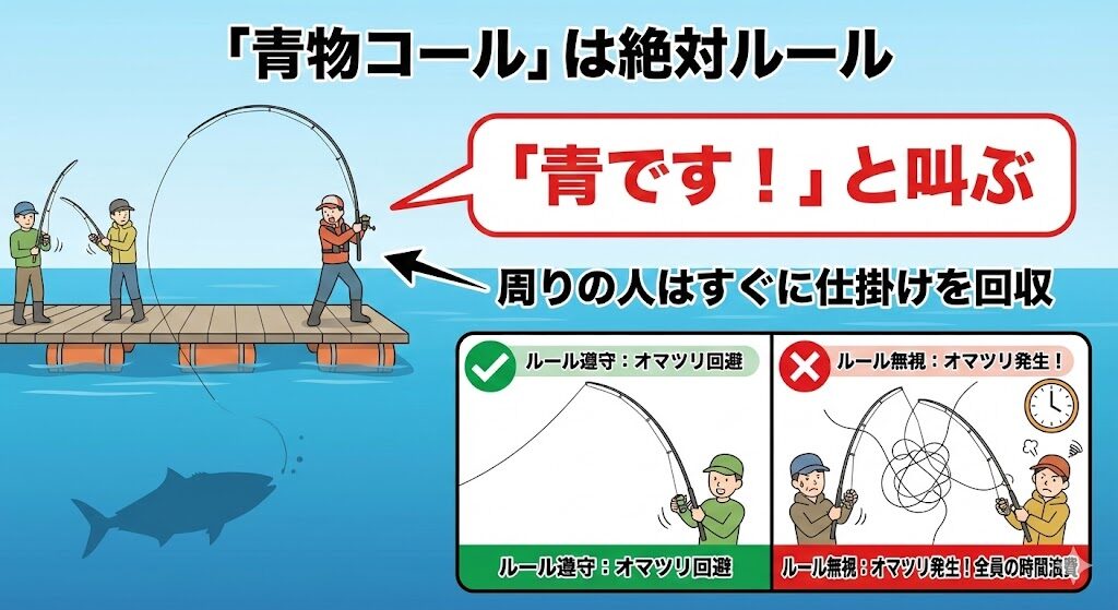 青物がかかったら「青物です！」とまわりに伝えて仕掛けの絡みを防止しましょう。これは全国共通ルールでありマナーです。