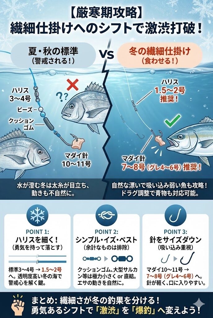 夏・秋の標準仕掛けが左側に説明がある。ハリス３～４号マダイ針を使った全天候型。右に冬の繊細な仕掛け例があり、ハリスは1.5号前後でマダイ針も7号くらいにサイズダウンする説明。