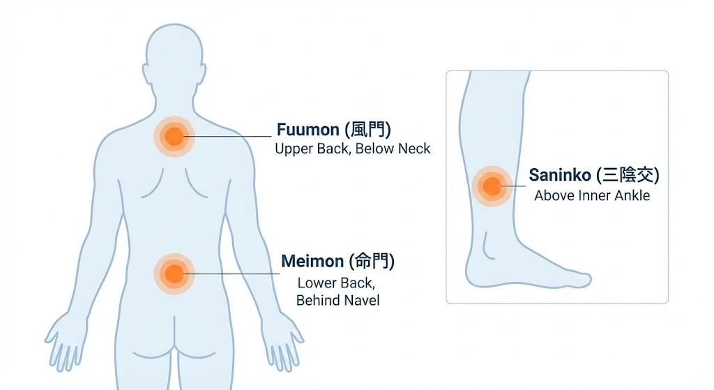 防寒に効くカイロの貼り付け位置（ツボ）の図解。
1. 風門（ふうもん）：首の後ろ、肩甲骨の間。全身を温める効果。
2. 命門（めいもん）：おへその真裏（腰）。下半身の血行促進と腰痛予防。
3. 三陰交（さんいんこう）：内くるぶしの上。足元の冷えに効果的。
各ポイントが温かいオレンジ色の光で強調されている。