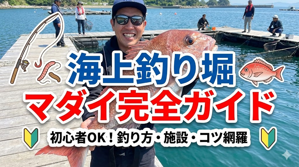 海上釣り堀でマダイを手にした男性の様子。海上釣り堀マダイ完全ガイドとキャプション。
