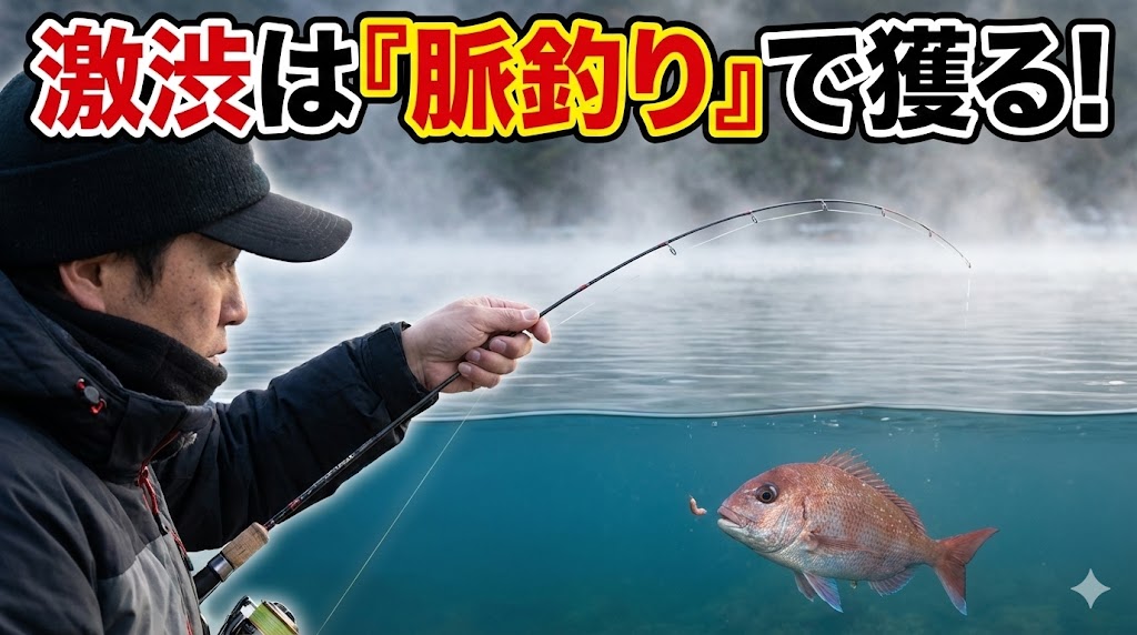 脈釣りを解説している記事。繊細なロッドをもった男性がマダイを狙っている様子。