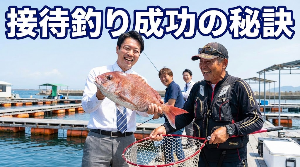 フォーマルな男性が海上釣り堀で接待を受けている様子。魚が釣れてみんなうれしそうだ。