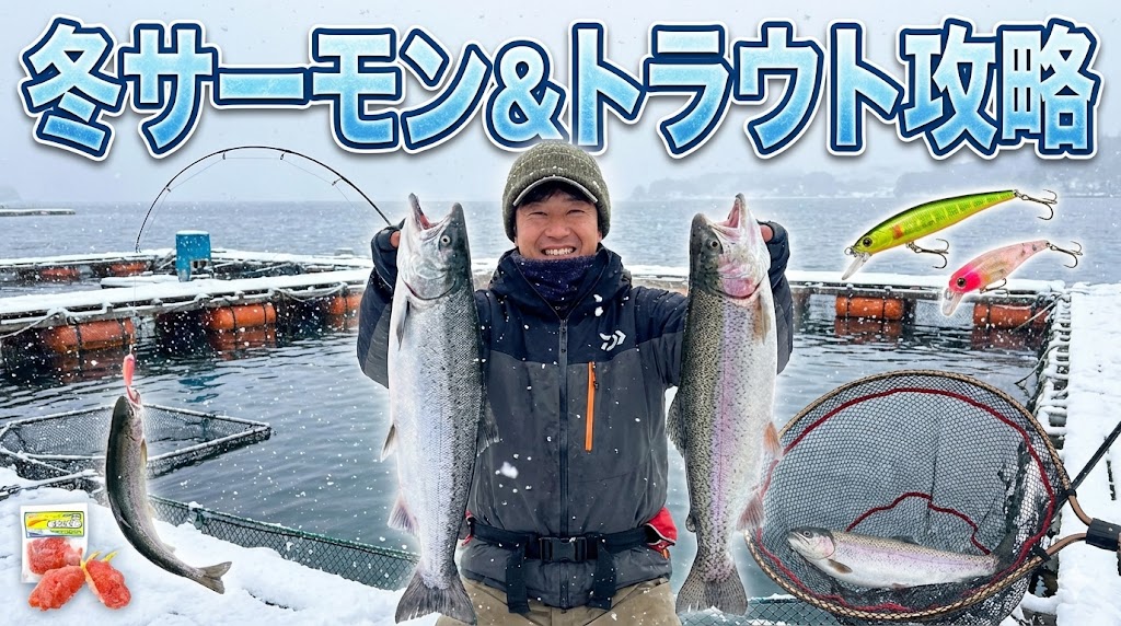 冬サーモンの攻略。雪がつもる生け簀でも元気なサーモンは狙い目。その特性を理解した解説。