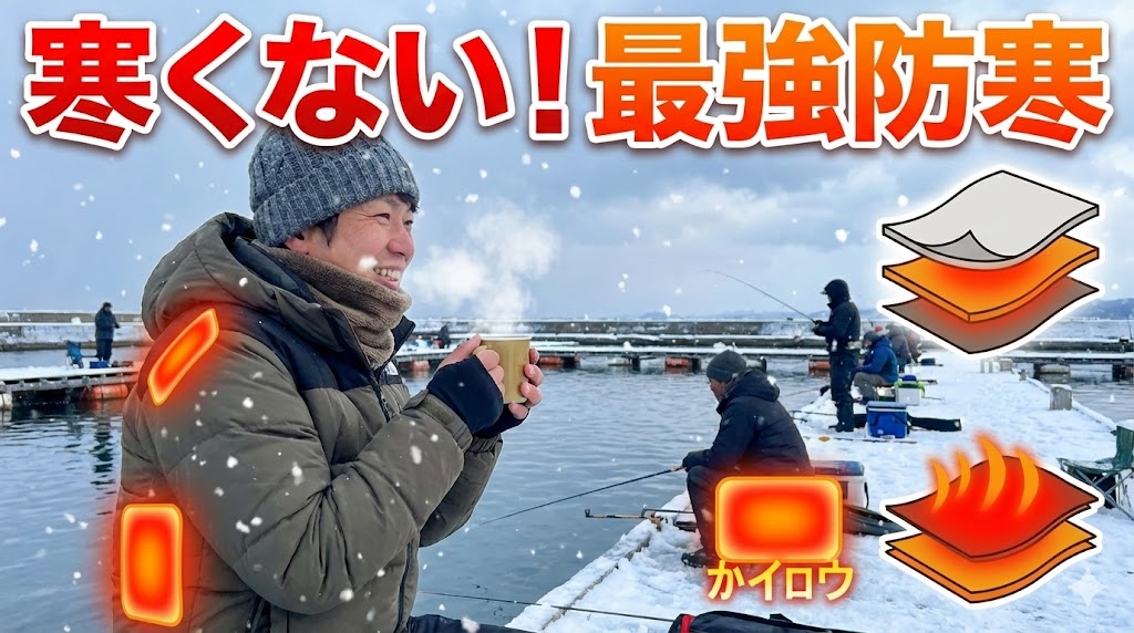 寒くない冬の防寒術。雪が降り筏に雪が積もっている状態でも、笑顔で湯気が出ているコーヒーを飲む男性。アウターにダウンジャケットを着ていて、光景のわりに暖かそうにしている。