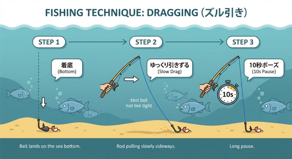 ドラッギング釣法の図説。Step1、着底したらStep2でゆっくり引きずる。そしてStep3で10秒ほど止めることを解説。