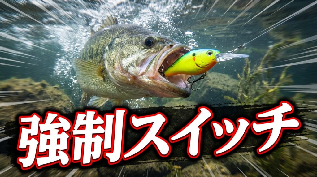 ルアーを追いかけてまさに食いかかっているブラックバスがいる。テキストには「強制スイッチ」とある。